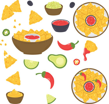 Mexican Nachos Snack Set Flat Food Illustration with Tortilla Chips Salsa Guacamole and Spicy Appetizers