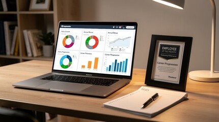Fototapeta premium Laptop displaying business analytics charts and graphs on desk