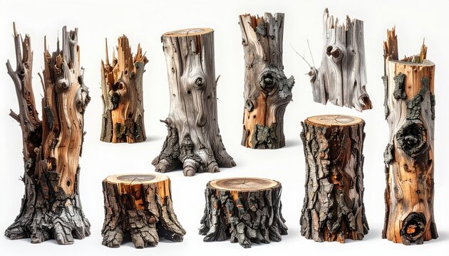 Assortment of weathered, gnarled tree stumps and logs on white