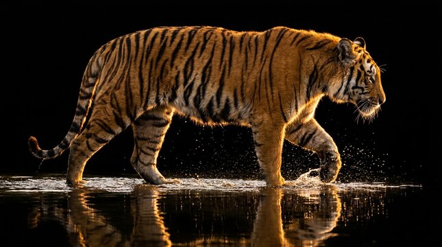 Majestic Bengal tiger walking through shallow water with dramatic cinematic lighting on black background.
