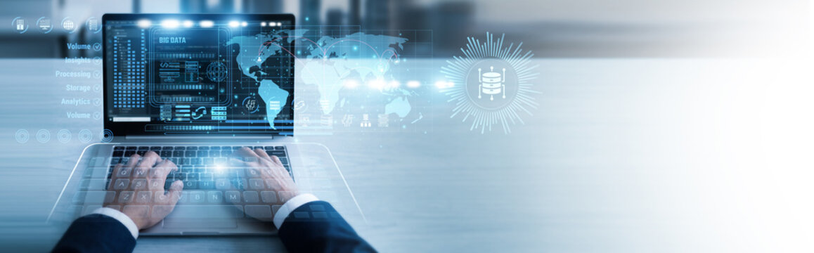 Data engineer working on laptop Big Data sets to extract valuable patterns and improve decision making. Scalable processing tools handle massive information volumes for deep market insights.