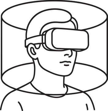 Human head wearing immersive virtual reality headset device vector outline icon illustration for digital cyberspace technology