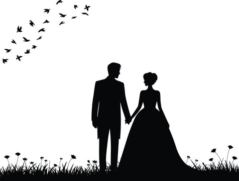Wedding couple holding hands in nature meadow with flying birds and flowers cad drawing flat vector illustration pitch black silhouette,