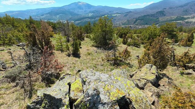 Rugged rock sits amid wild, sunlit hillside. Mount Goc, Ljukten peak. Balkans, Serbia