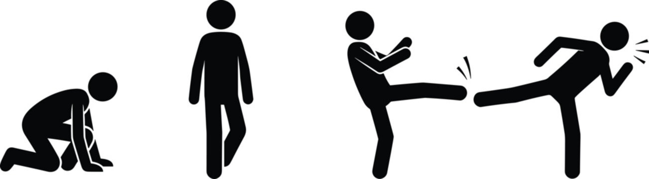 Self Defense And Assault Silhouette Icons Set, Fighting And Violence Action Pictogram Collection, vector illustration