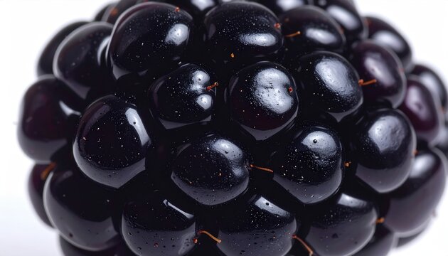 Glossy, deep purple fruit, composed of many tiny, round drupelets