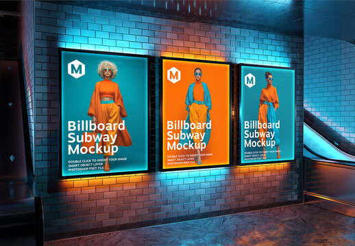 Three Billboards On Neon Blue Orange Subway Wall Mockup