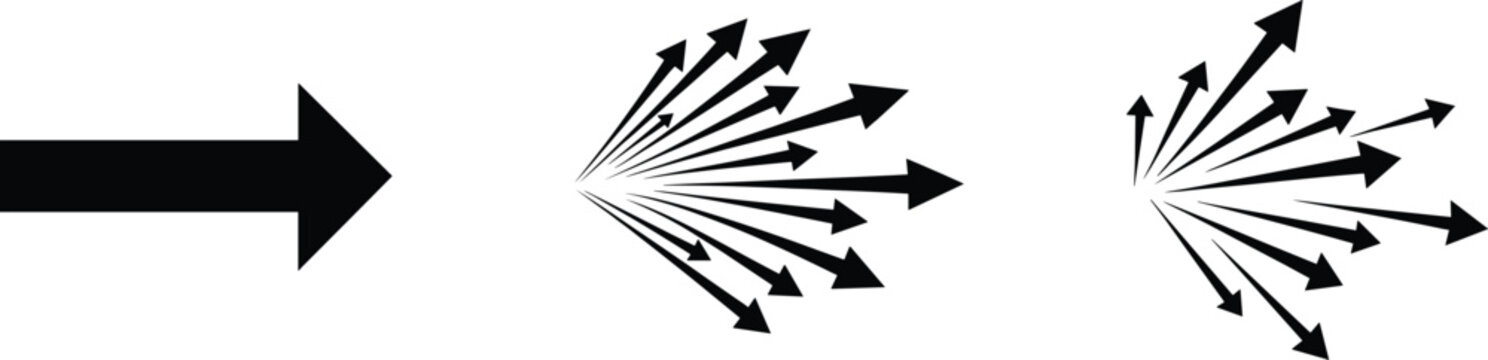 Signs and Symbols, bold right arrow silhouette, radiating arrow formation, multi directional arrow spread, strategic movement icon illustration.