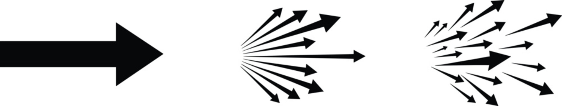 Signs and Symbols, directional arrow set, right pointing arrow icon, expanding arrow burst collection, navigation indicator graphic illustration.