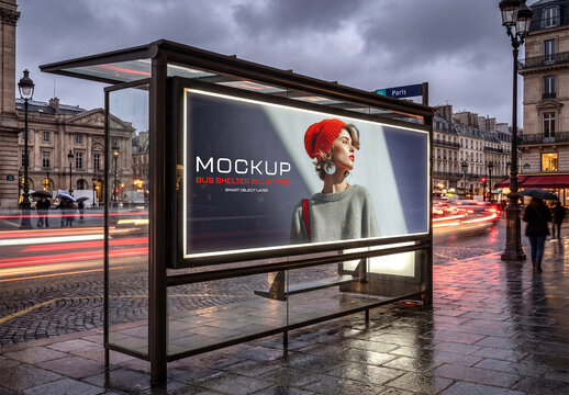 Large Horizontal Billboard Bus Shelter In European City at Night Mockup