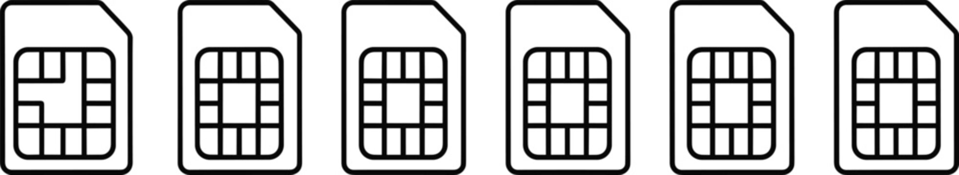 SIM card outline icon collection, mobile cellular chip symbols for smartphone network, telecom technology and digital communication, vector illustration