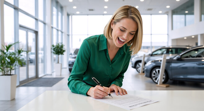 Smiling blonde woman signing a contract at a car dealership. Happy female customer buying a new vehicle in an auto showroom