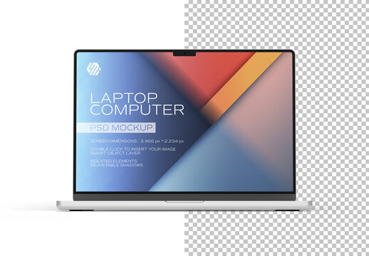 Silver Laptop with Soft Shadow Isolated on White Mockup