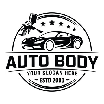 Black and white of auto body shop with spray gun and sports car