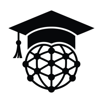 Black graduation cap over a geometric globe network