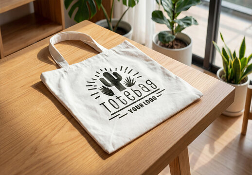 Flat Tote Bag Laying on a Wooden Table Mockup
