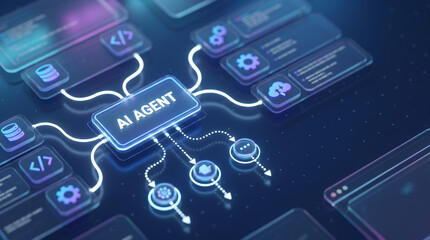 Naklejka premium AI agentic workflow automation artificial intelligence agent software interface nodes triggers data tool dashboard coding icon flow process database technology