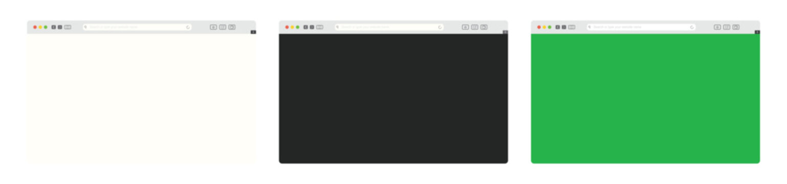Browser window mockups with light, dark, and green screen