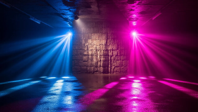 Dark stone wall illuminated by bright blue and magenta spotlights in a wet underground chamber with reflective floor surfaces and dramatic light beams cutting through the hazy atmosphere