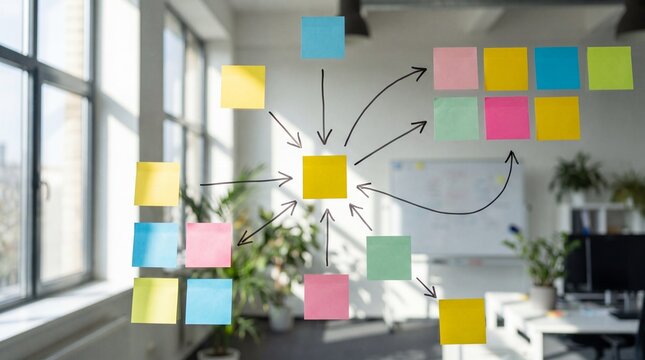 Creative brainstorming session with colorful sticky notes on a glass wall.