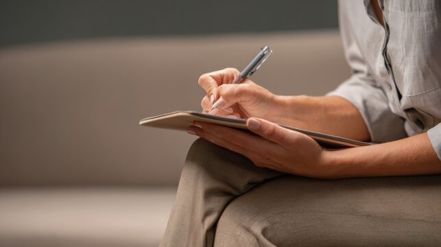 Therapist Writing Notes on Clipboard in Counseling Office