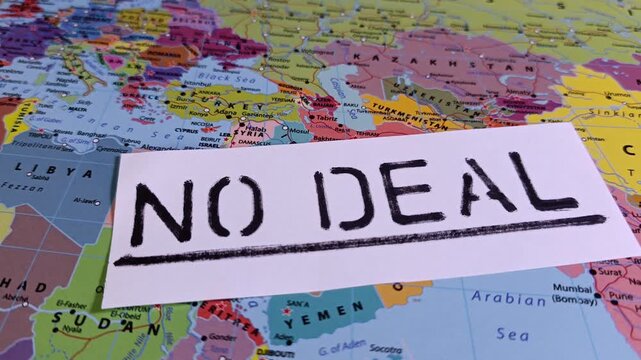 No Deal note sliding over a map of Iran and Strait of Hormuz. Highlighting deadlocked international peace talks, failed nuclear treaties, economic sanctions, and military tension