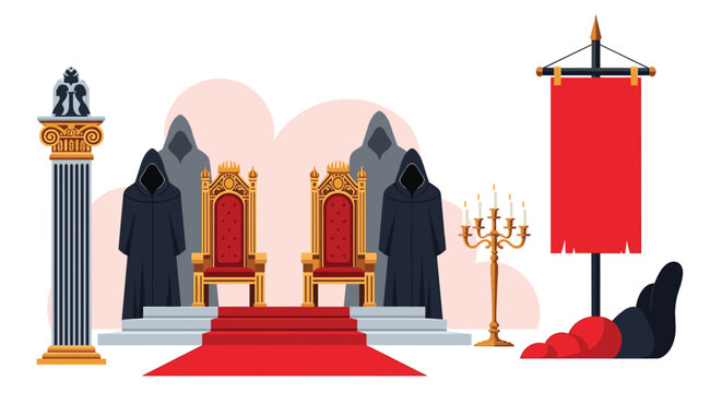 Epic throne room interior featuring two golden thrones a red carpet hooded guards and a tall stone pillar in a fantasy setting.