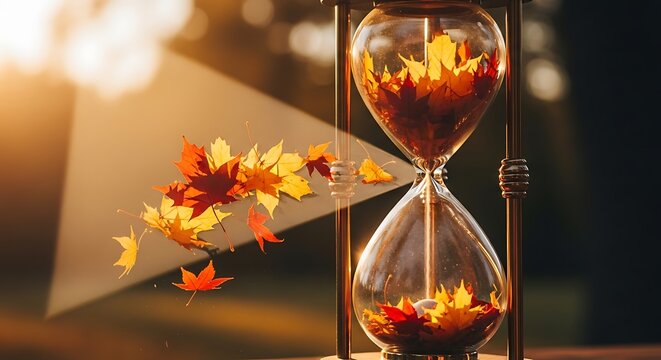 Hourglass with autumn leaves measuring passing time in soft golden light