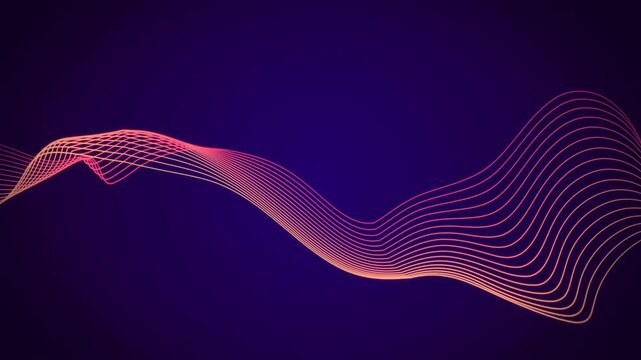 Neon glowing abstract wave line animation, futuristic flow curve background, digital technology loop motion graphic, orange purple gradient lines, 4k, 60 fps, HUD, loop