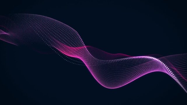 Neon glowing abstract wave line animation, futuristic flow curve background, digital technology loop motion graphic, pink particle mesh ribbon, 4k, 60 fps, HUD, loop