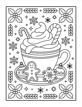 Hot chocolate mug with gingerbread man and holly coloring page for North America.