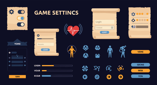 Detailed medieval fantasy game user interface kit with parchment scrolls heart health bar and various control icons.
