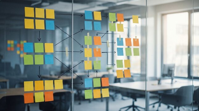 Sticky notes flowchart wall workflow planning diagram concept. Creative workspace with sticky notes for brainstorming and project planning.