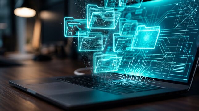 Digital folders from laptop screen data organization concept. Cutting-edge digital interface with holographic data displays on a laptop.