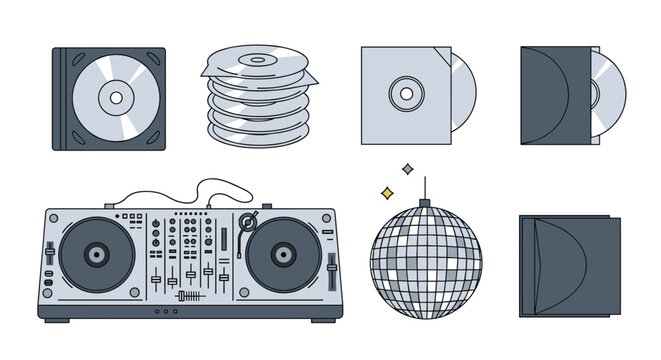 Professional DJ equipment collection featuring a mixing console stacks of CDs record cases and a shiny silver disco ball.