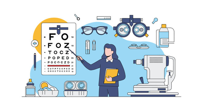 Female optometrist pointing at an eye chart in a well-equipped modern clinic featuring various professional ophthalmic tools.