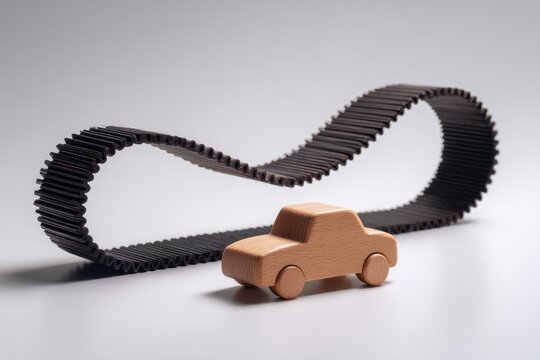 Miniature wooden auto navigates a looped ribbed belt