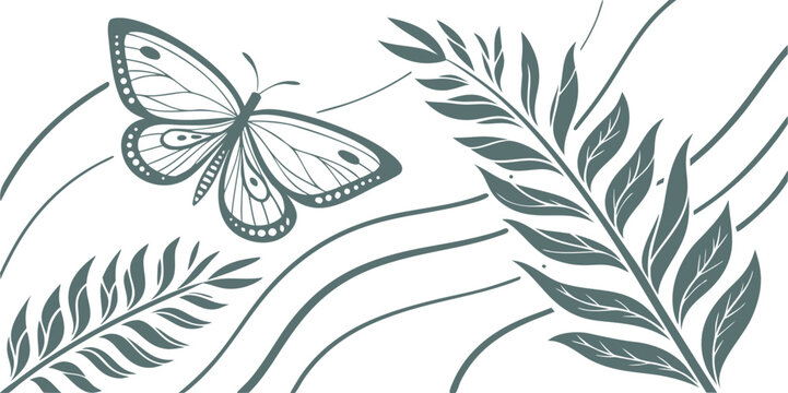 Decorative butterfly and botanical elements on a transparent background