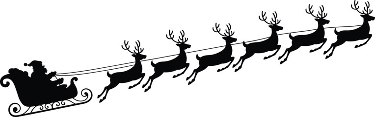 Santa Claus on sleigh with flying reindeer pitch black solid silhouette cad drawing flat vector illustration isolated on white background. © MdMarijul