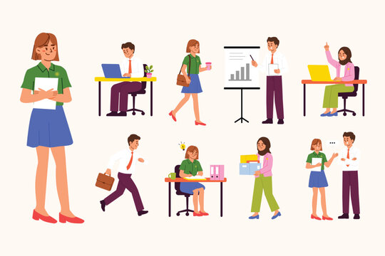 Modern flat style office workers illustration collection featuring male and female employees in different business situations including presentations, discussions, desk work, brainstorming, carrying d