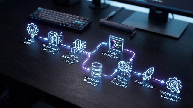 Digital workflow diagram illustrating software development process.