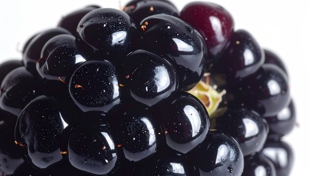 Macro view of a dark, ripe berry with glistening drupelets