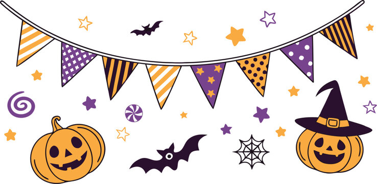 Halloween seamless pattern with pumpkins and hanging bunting flags