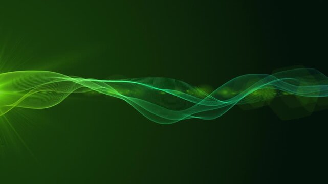Neon glowing abstract wave line animation, futuristic flow curve background, digital technology loop motion graphic, green teal mesh ribbon, 4k, 60 fps, HUD, loop