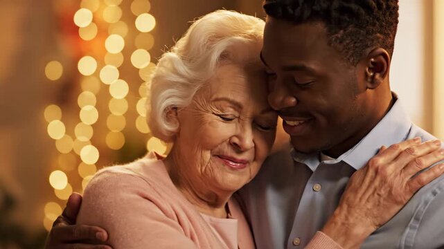 A loving embrace between an elderly woman and a younger man, symbolizing intergenerational connection and warmth.