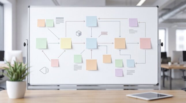 Sticky notes flowchart wall workflow planning diagram concept. Effective brainstorming session with colorful notes on a whiteboard in a modern workspace.