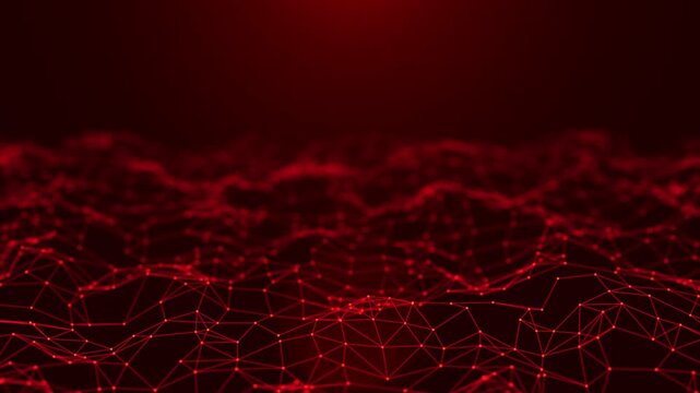 Red abstract polygon network landscape, futuristic digital grid background with connected dots, low poly technology surface and data terrain motion, 4k, 60 fps, HUD, loop