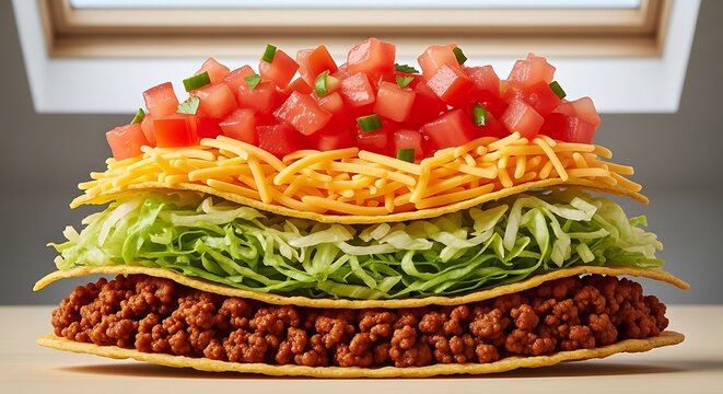 Layered beef taco tostada with tomato, lettuce and cheese on wooden table