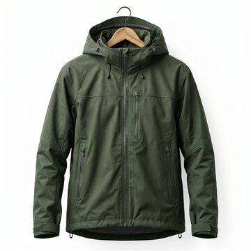 Green men's softshell jacket with hood on wooden hanger. Windbreaker with multiple zippered pockets for hiking and outdoor activities. Isolated on a white background.