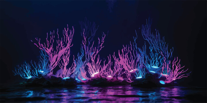 Underwater scene with bioluminescent coral reef illuminated by blue and pink neon lights deep sea glowing plants science fiction underwater world digital art landscape